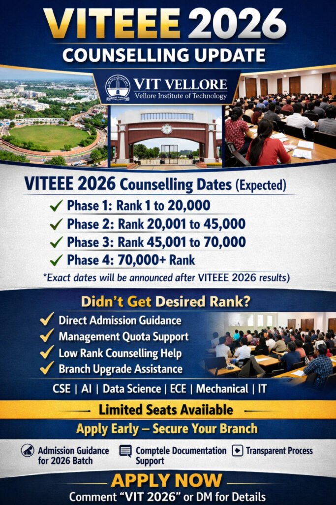 VITEEE 2026 Counselling Dates VIT Vellore Direct Admission Management Quota